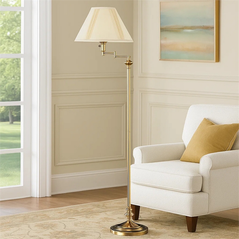Pemberly Row 150 Watt Floor Lamp with Swing Arm and Fabric Shade in Gold