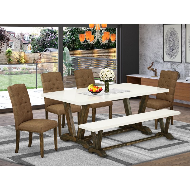 Pemberly Row 6-Piece Wood Dining Set with Fabric Seats and Wooden Bench