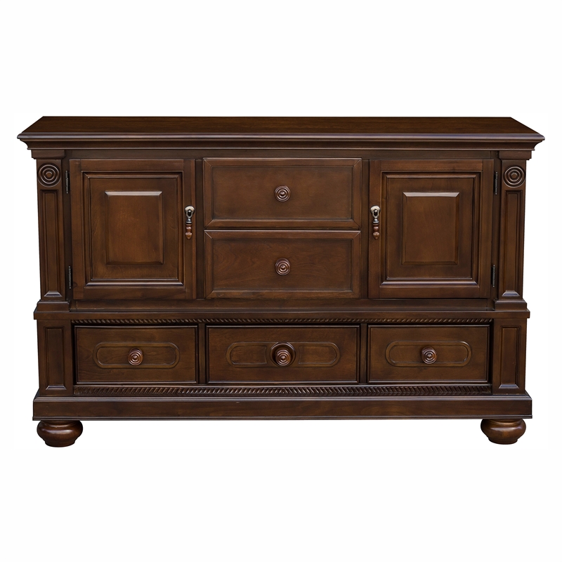 Pemberly Row Wooden Buffet with 2 Cabinets 5 Drawers and Bun Feet in Brown