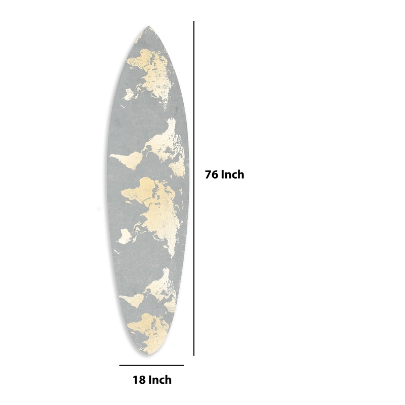 Pemberly Row Surfboard Wall Art with World Map Print in Gray and White
