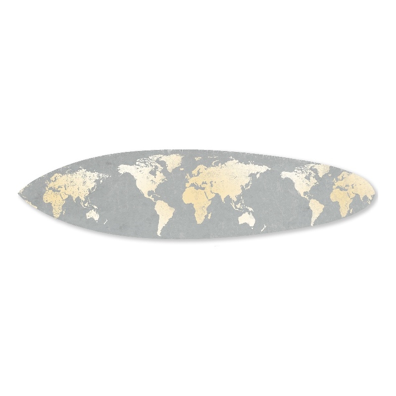 Pemberly Row Surfboard Wall Art with World Map Print in Gray and White