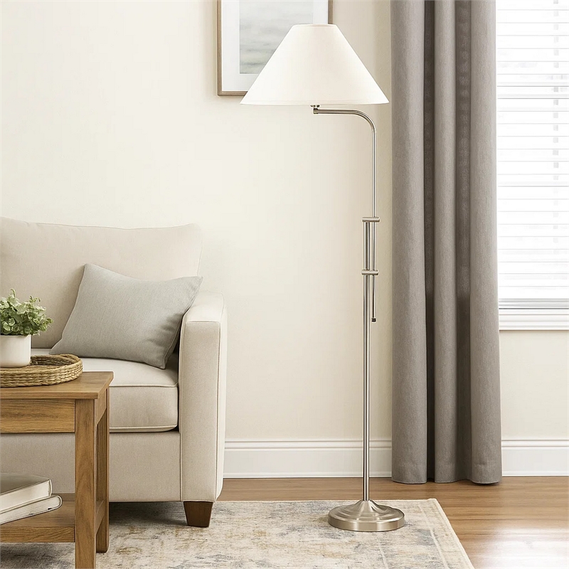 Pemberly Row Floor Lamp with Adjustable Height and Fabric Shade in Silver