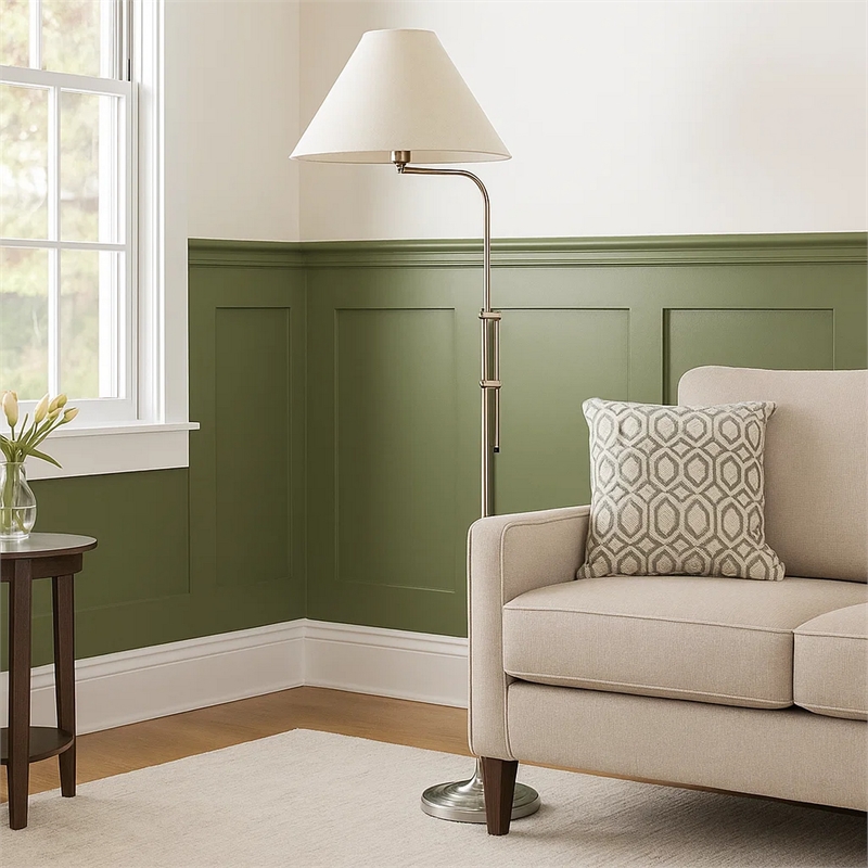 Pemberly Row Floor Lamp with Adjustable Height and Fabric Shade in Silver