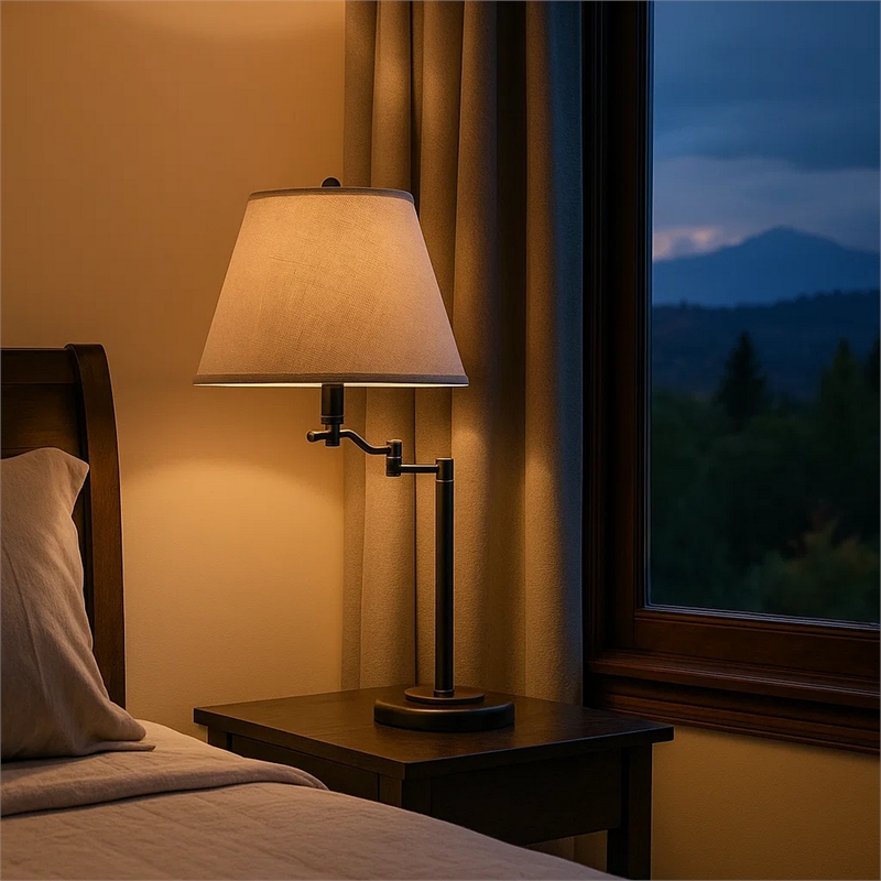 Pemberly Row 3-Way Table Lamp with Swing Arm and Fabric Shade in Black