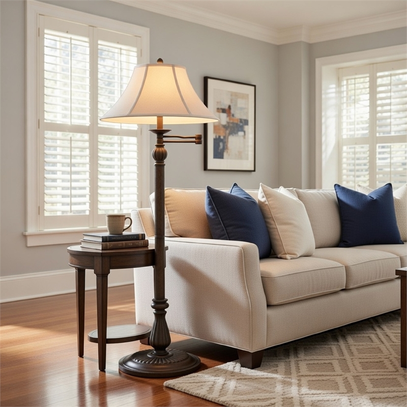 Pemberly Row Swing Arm Floor Lamp with Fabric Bell Shade in Bronze/Beige