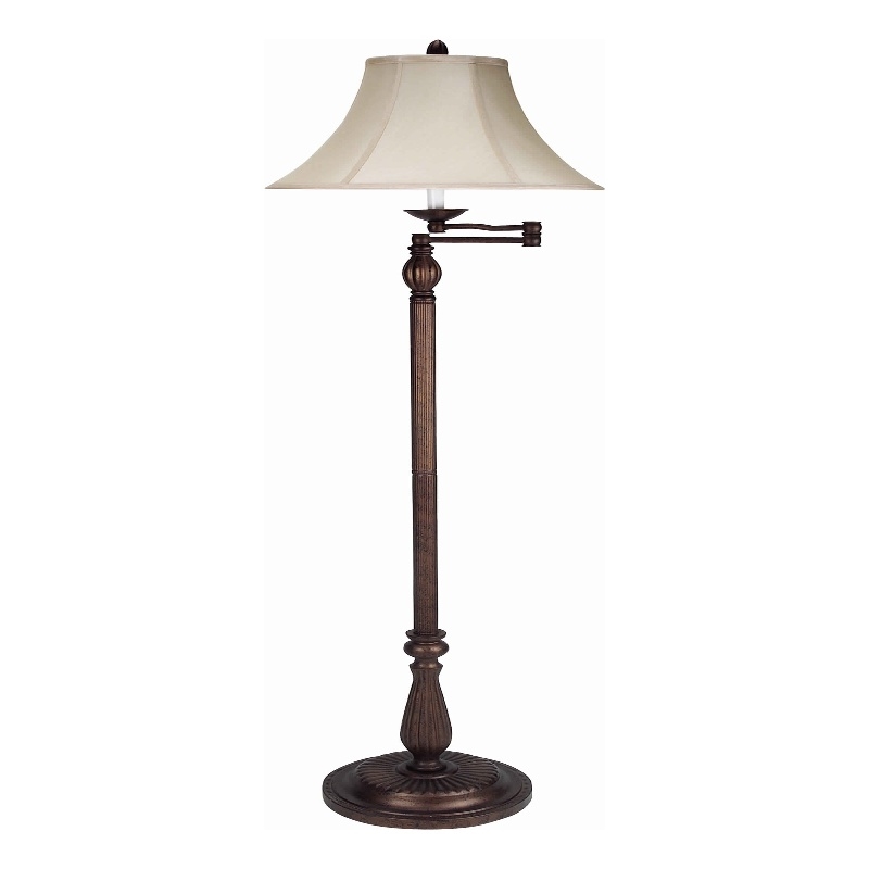 Pemberly Row Swing Arm Floor Lamp with Fabric Bell Shade in Bronze/Beige