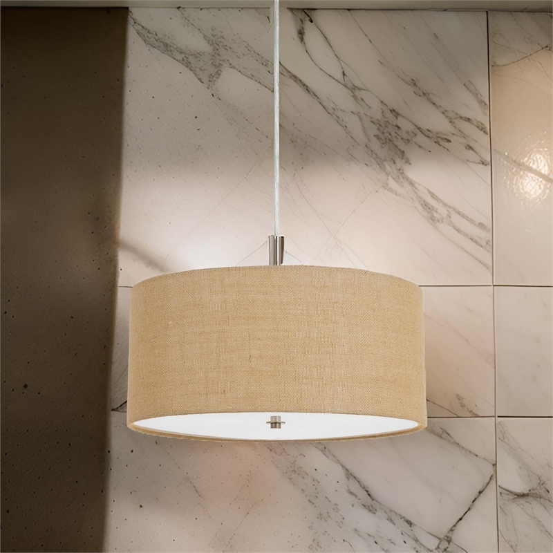 Pemberly Row Metal Pendant Light with Burlap Drum Shade in Beige