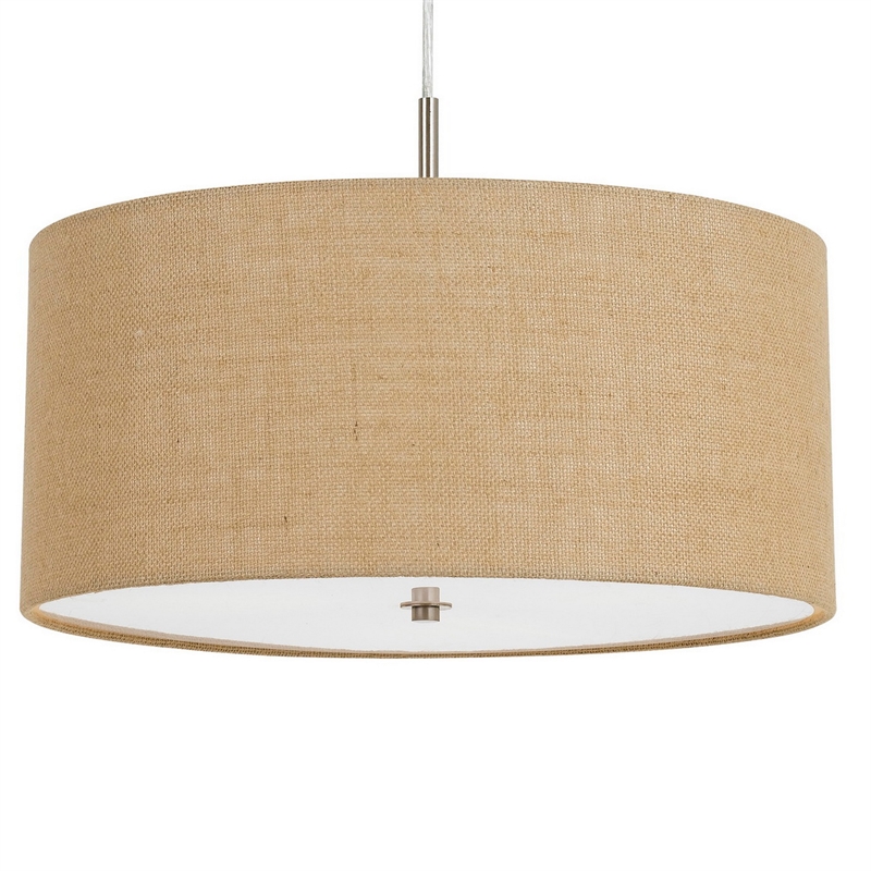 Pemberly Row Metal Pendant Light with Burlap Drum Shade in Beige