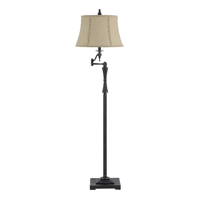Pemberly Row Metal Floor Lamp with Swing Arm and Bell Shade in Beige/Black