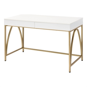Pemberly Row Desk with 2 Drawers and Gold Metal Frame in White/Gold