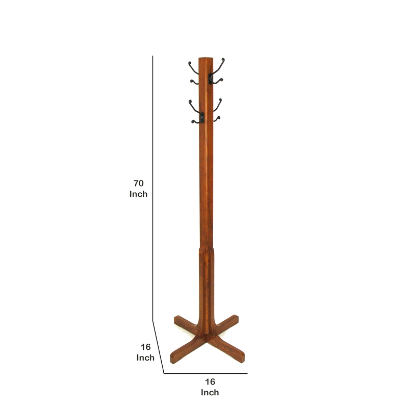Pemberly Row Coat Stand with X Frame Base and Metal Hooks in Oak Brown