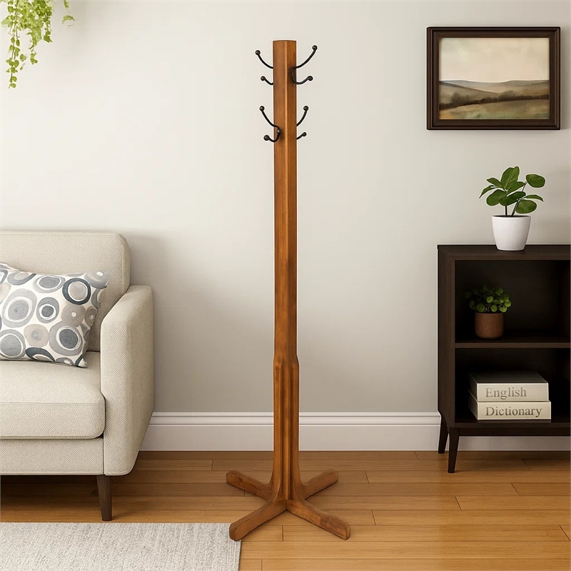 Pemberly Row Coat Stand with X Frame Base and Metal Hooks in Oak Brown