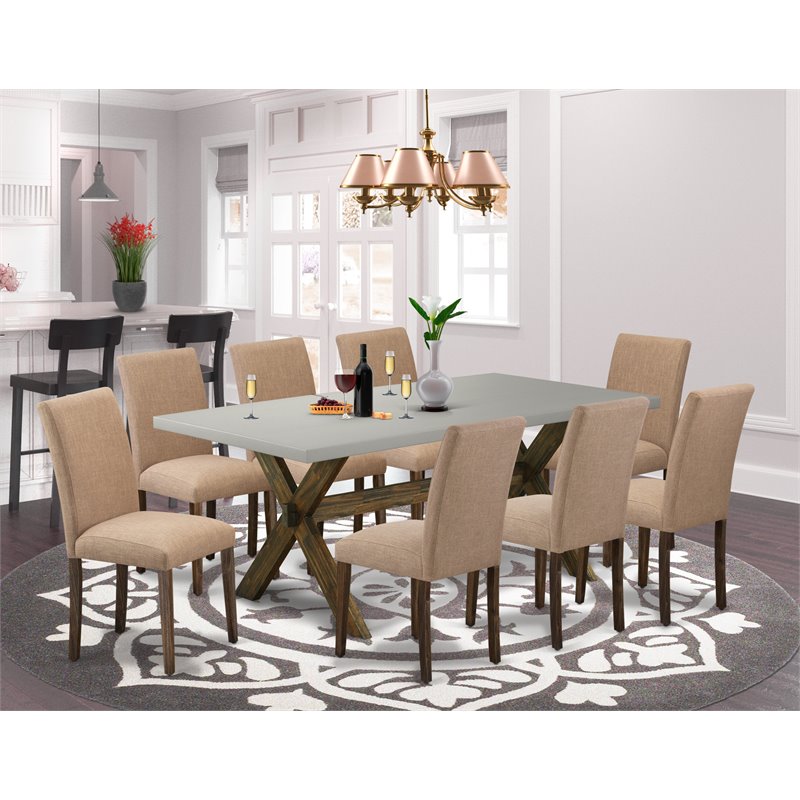 Pemberly Row 9-Piece X-Leg Wood Dining Set in Jacobean Brown/Cement Finish