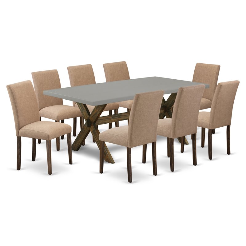 Pemberly Row 9-Piece X-Leg Wood Dining Set in Jacobean Brown/Cement Finish