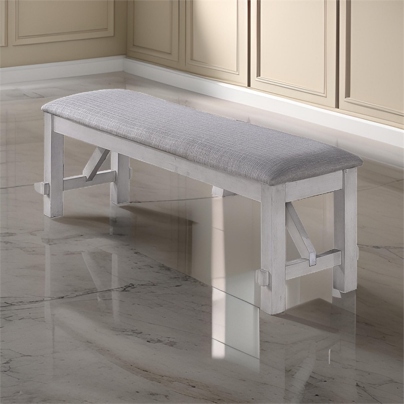 Pemberly Row Fabric Upholstered Farmhouse Bench with Braces in Gray