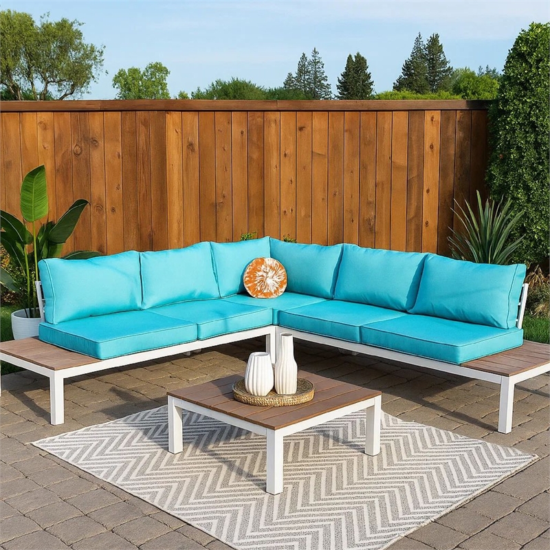 Pemberly Row L-Shaped Aluminum Patio Sectional with Ottoman in Blue/White