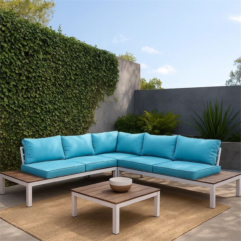 Pemberly Row L-Shaped Aluminum Patio Sectional with Ottoman in Blue/White