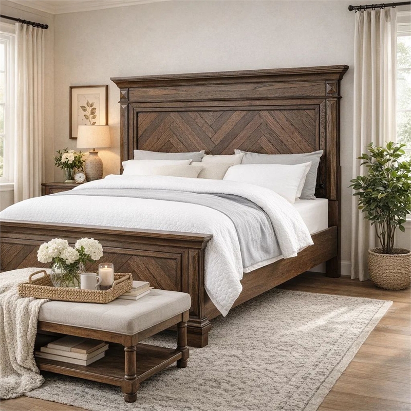 Pemberly Row Wood Eastern King Headboard with Herringbone Pattern in Brown