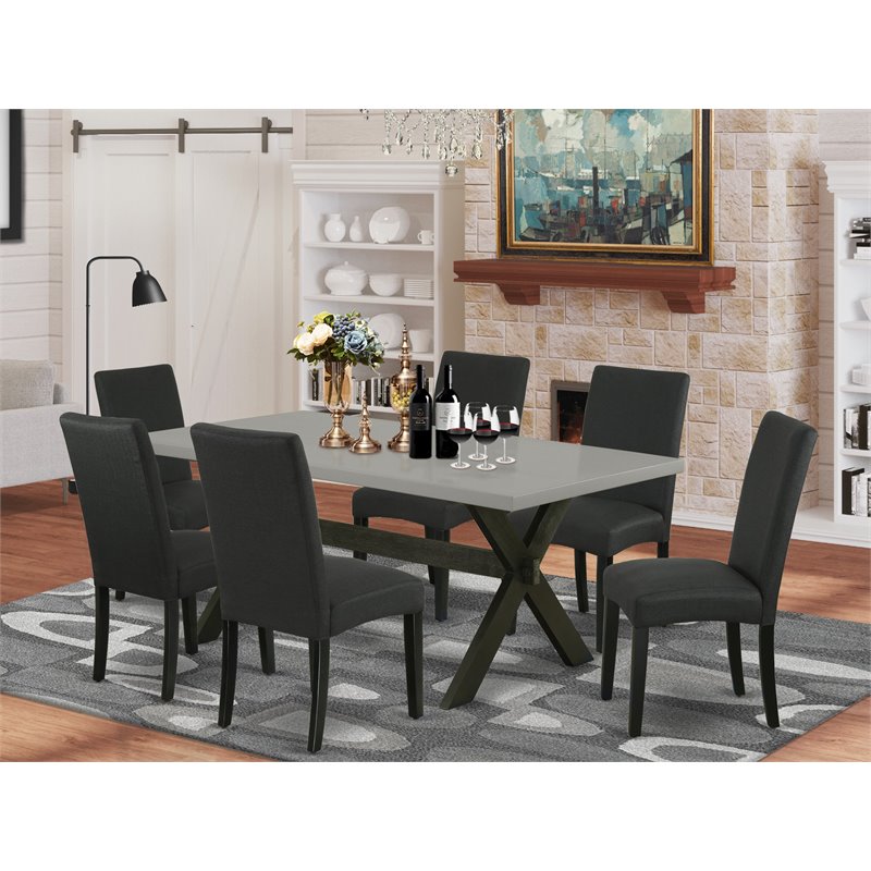 Pemberly Row X-Leg 7-Piece Wood Dining Set in Black with Linen Seats