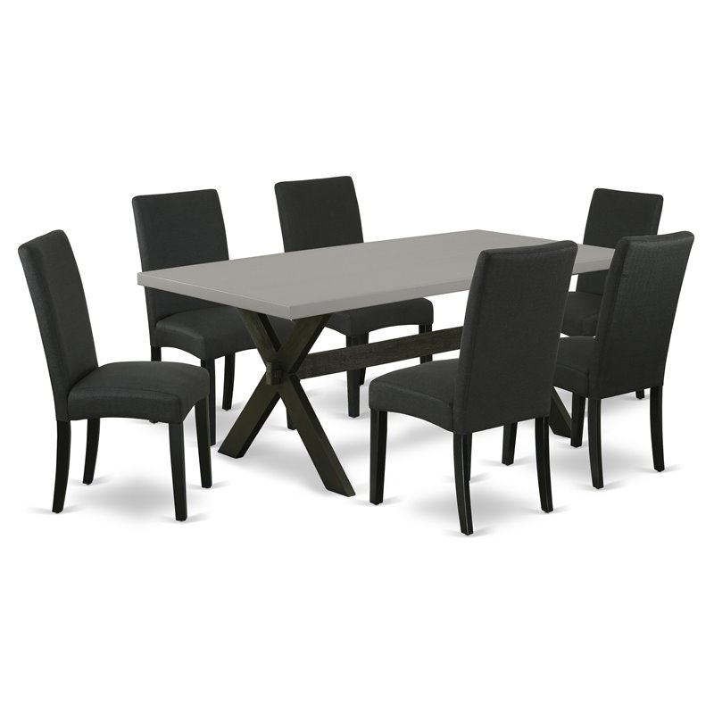 Pemberly Row X-Leg 7-Piece Wood Dining Set in Black with Linen Seats