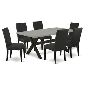 Pemberly Row X-Leg 7-Piece Wood Dining Set in Black with Linen Seats