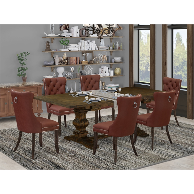 Pemberly Row 7-Piece Kitchen Set in Burgundy and Distressed Jacobean
