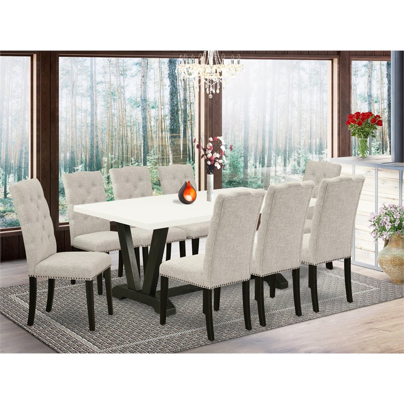 Pemberly Row V-Style 9-Piece Wood Dining Set in Doeskin Gray Upholstery