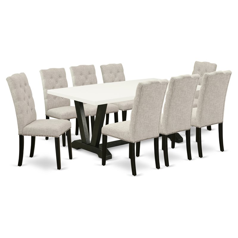 Pemberly Row V-Style 9-Piece Wood Dining Set in Doeskin Gray Upholstery