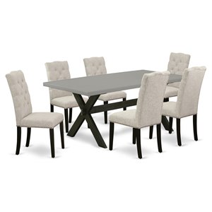 Pemberly Row 7-Piece Wood Dining Set with Linen Chairs in Dark Brown