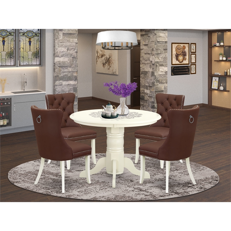 Pemberly Row 5-Piece Round Dining Set with Faux Leather Chairs in Burgundy