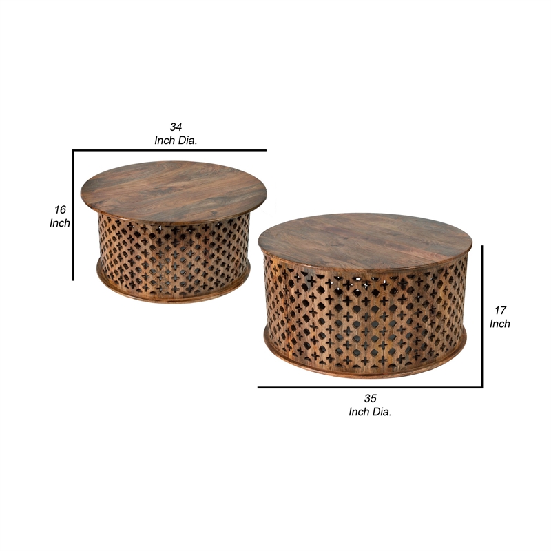 Pemberly Row Mango Wood Lattice Coffee Table Set of 2 in Brown