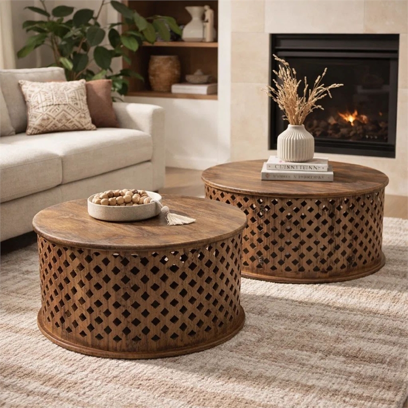 Pemberly Row Mango Wood Lattice Coffee Table Set of 2 in Brown