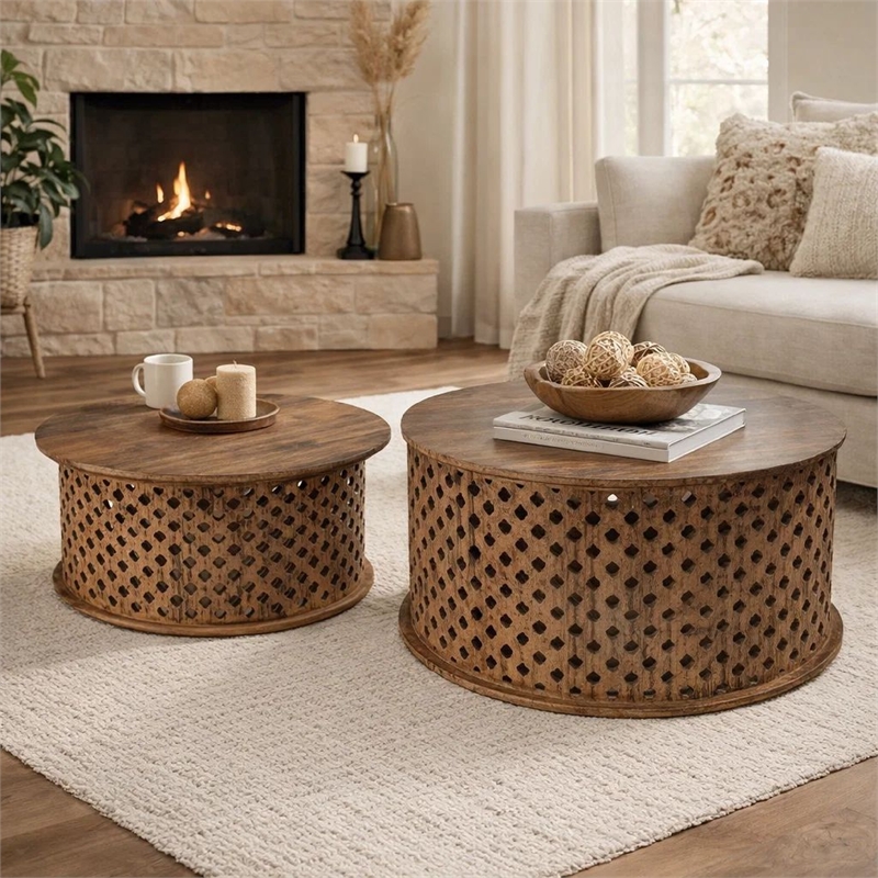 Pemberly Row Mango Wood Lattice Coffee Table Set of 2 in Brown