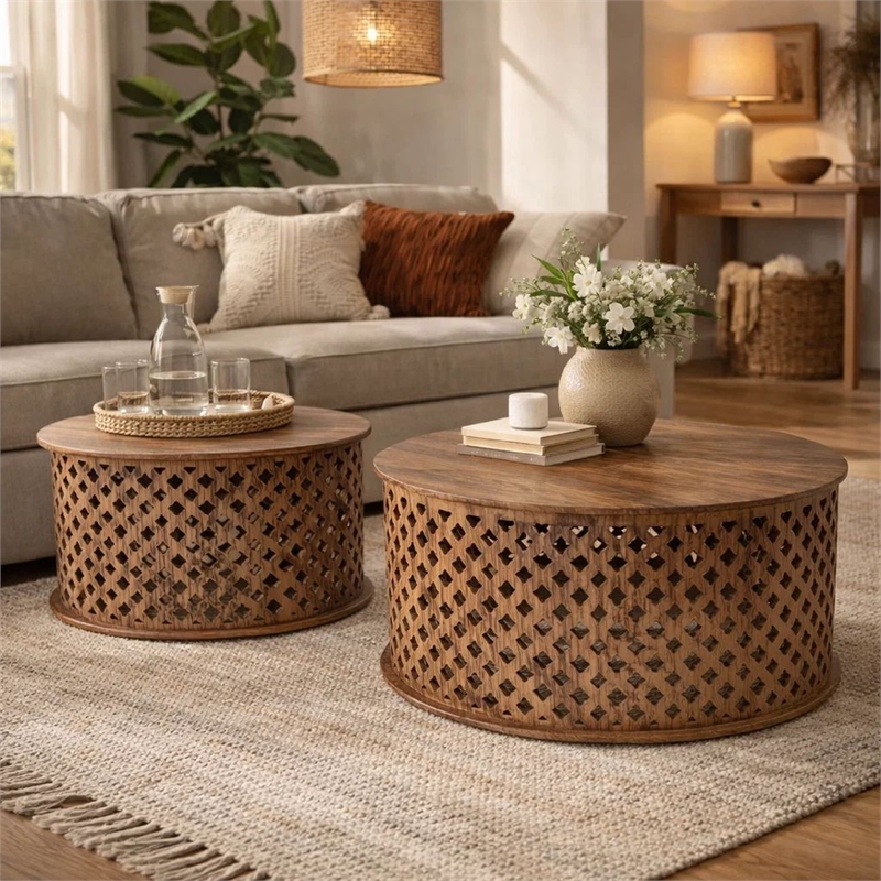Pemberly Row Mango Wood Lattice Coffee Table Set of 2 in Brown