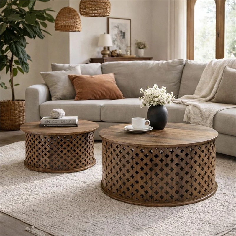 Pemberly Row Mango Wood Lattice Coffee Table Set of 2 in Brown