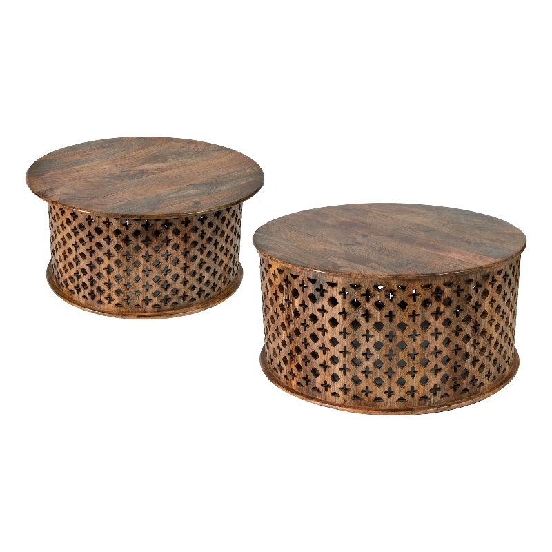 Pemberly Row Mango Wood Lattice Coffee Table Set of 2 in Brown