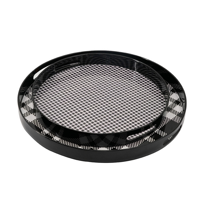 Pemberly Row 2 Piece Round Decorative Tray in Black & White Plaid Print
