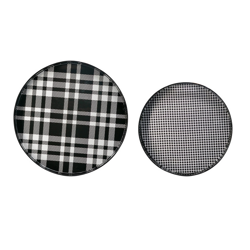 Pemberly Row 2 Piece Round Decorative Tray in Black & White Plaid Print