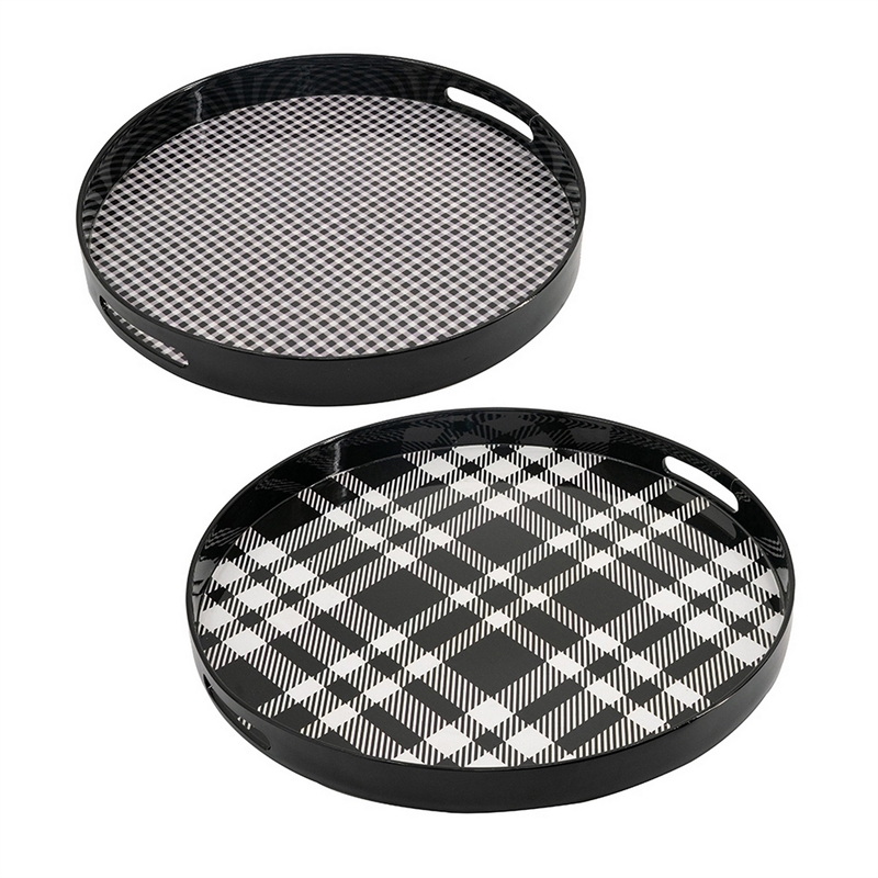 Pemberly Row 2 Piece Round Decorative Tray in Black & White Plaid Print