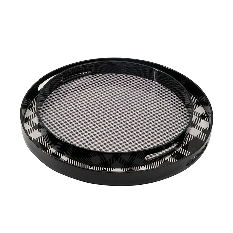 Pemberly Row 2 Piece Round Decorative Tray in Black & White Plaid Print