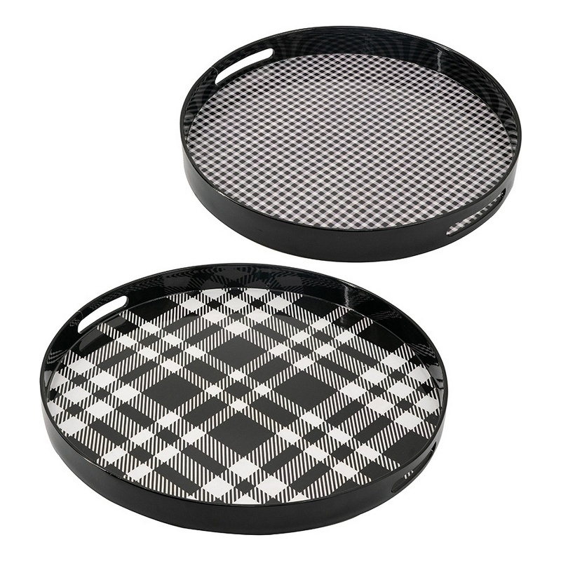 Pemberly Row 2 Piece Round Decorative Tray in Black & White Plaid Print