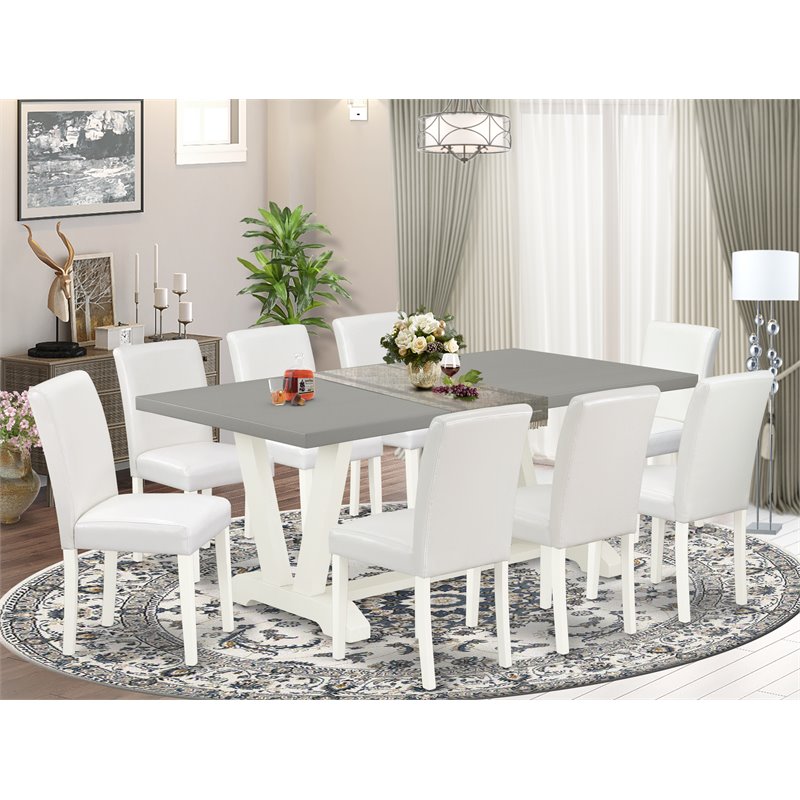 Pemberly Row 9-Piece Wood Dining Set with 8 Chairs in White and Cement