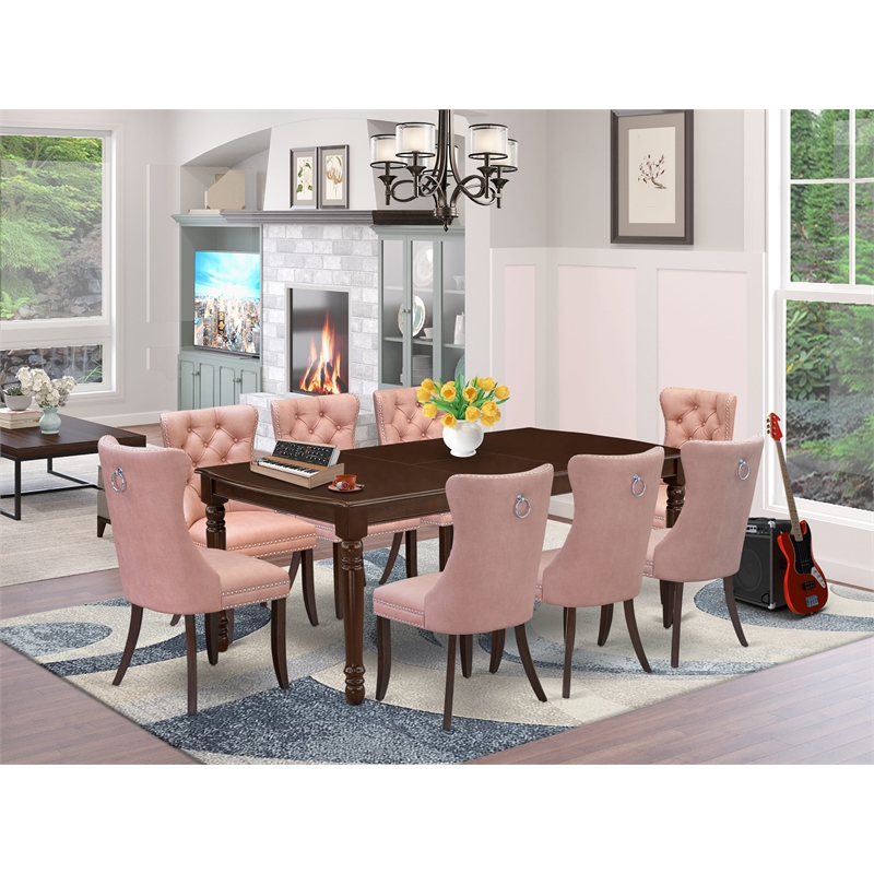 Pemberly Row 9-Piece Wood Dining Set with Upholstered Chairs in Mahogany