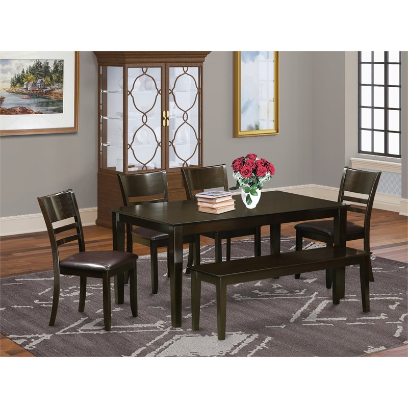 Pemberly Row 6-Piece Cappuccino Dining Set with Bench and PU Leather Chairs