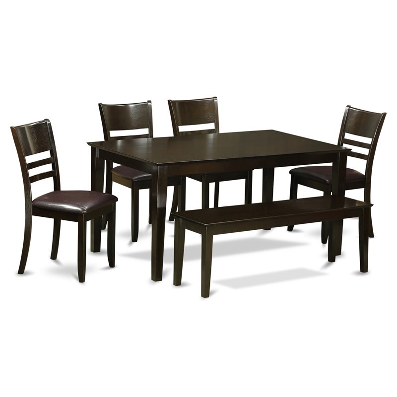 Pemberly Row 6-Piece Cappuccino Dining Set with Bench and PU Leather Chairs