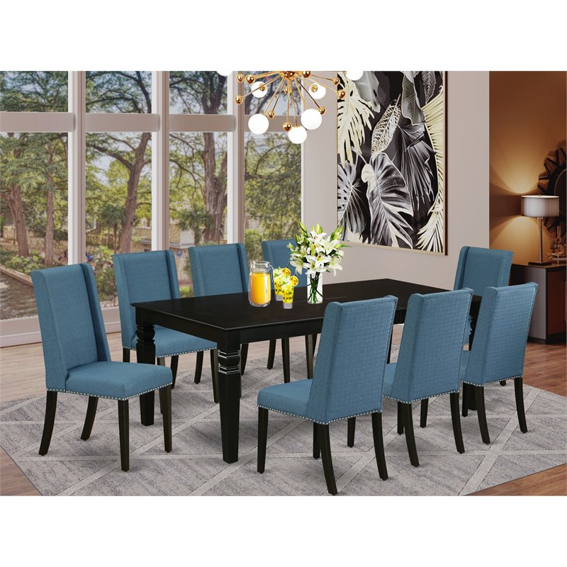 Pemberly Row 9-Piece Wood Dining Table Set in Black and Mineral Blue