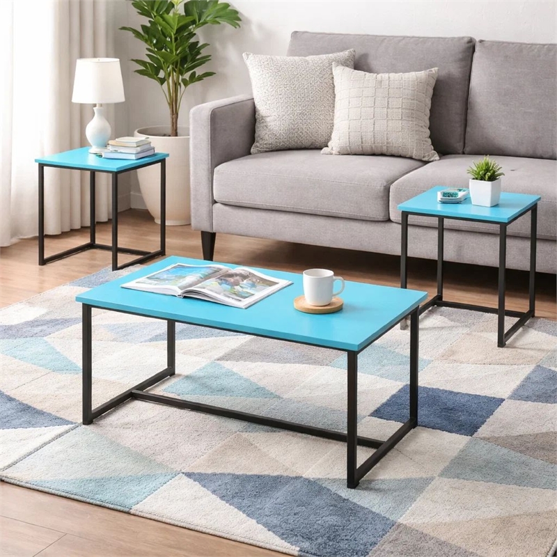 Pemberly Row 3 Piece Coffee Table Set Carbon Fiber Top in Blue