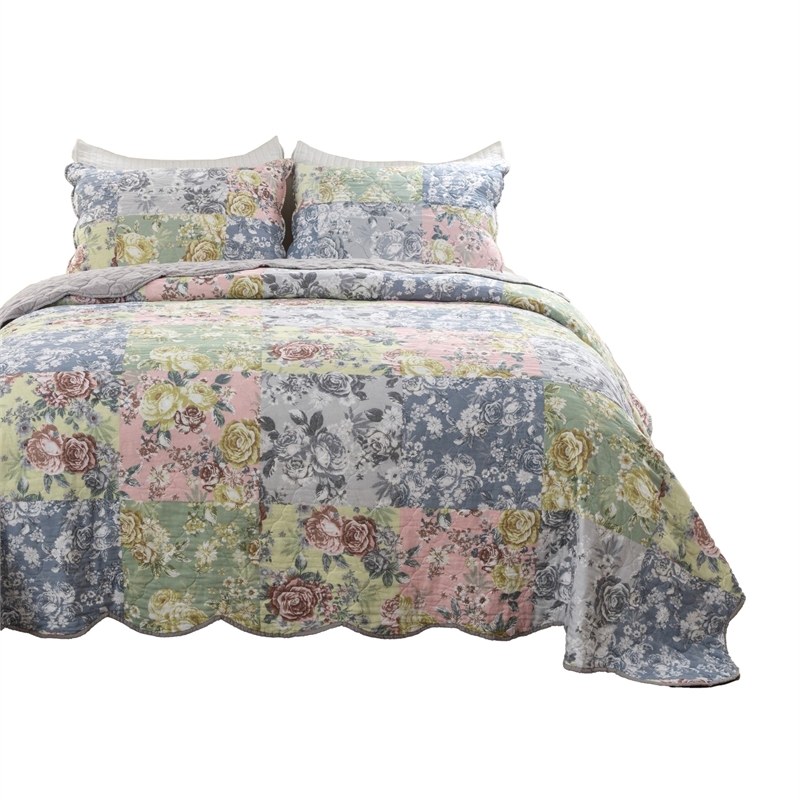Pemberly Row 3 Piece California King Cotton Quilt Set Pastel Blue Floral