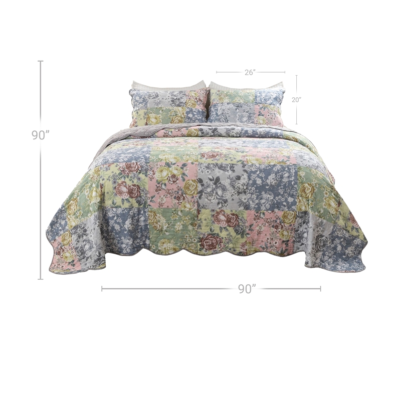 Pemberly Row 3 Piece Queen Cotton Quilt Set Pastel Blue Flowers Scalloped