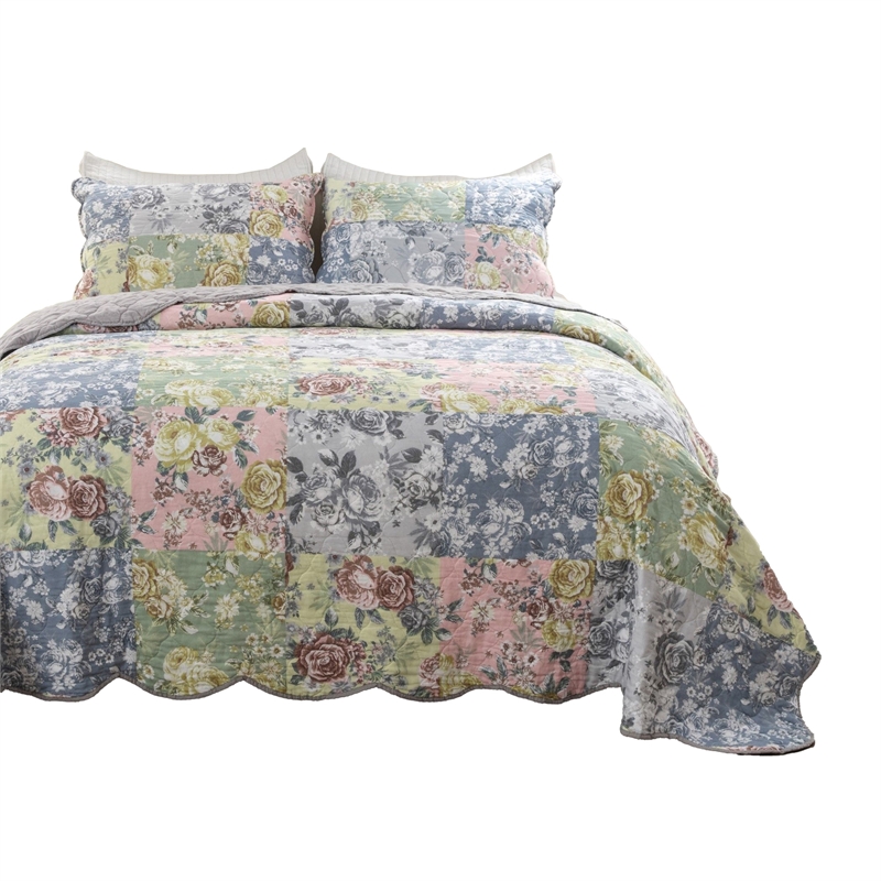Pemberly Row 3 Piece Queen Cotton Quilt Set Pastel Blue Flowers Scalloped